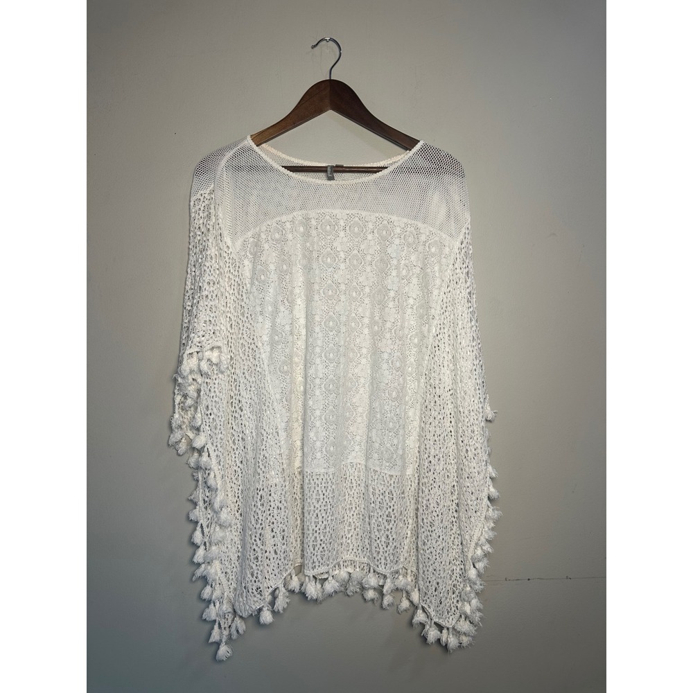 New Directions Weekend White Crochet Pom Pom Poncho Swim Coverup XL